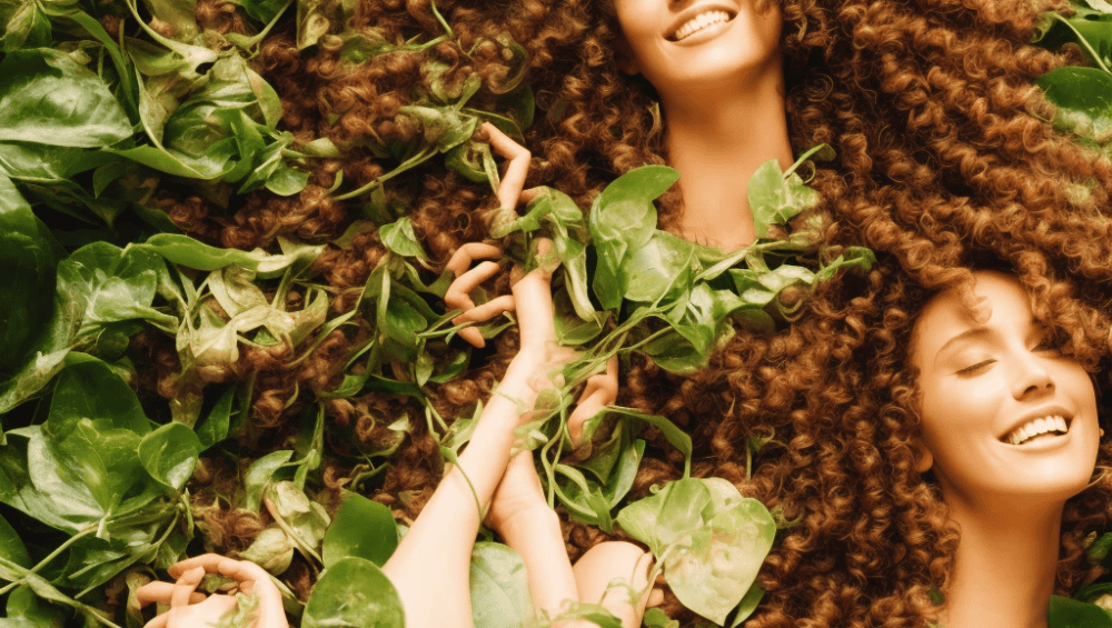 E, earthy-toned illustration featuring a beautiful, curly-haired woman surrounded by lush greenery, with a few batana oil bottles and natural hair care tools scattered around her, amidst a subtle, warm glow