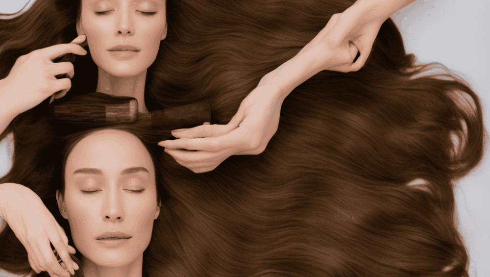 E, minimalist composition featuring a beautiful, long-haired woman gently massaging oil into her hair, surrounded by various hair care products and a subtle, earthy color palette