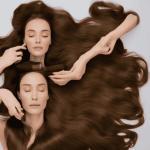 E, minimalist composition featuring a beautiful, long-haired woman gently massaging oil into her hair, surrounded by various hair care products and a subtle, earthy color palette