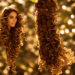 E, warm-lit background with a few strands of damaged hair on the left, transforming into luscious, shiny locks on the right, surrounded by scattered batana nuts and a single, elegant batana leaf