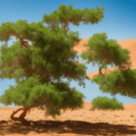 -screen image featuring a lush, vibrant green argan tree on one side and a thriving, sun-kissed batana tree on the other, set against a warm, golden desert landscape