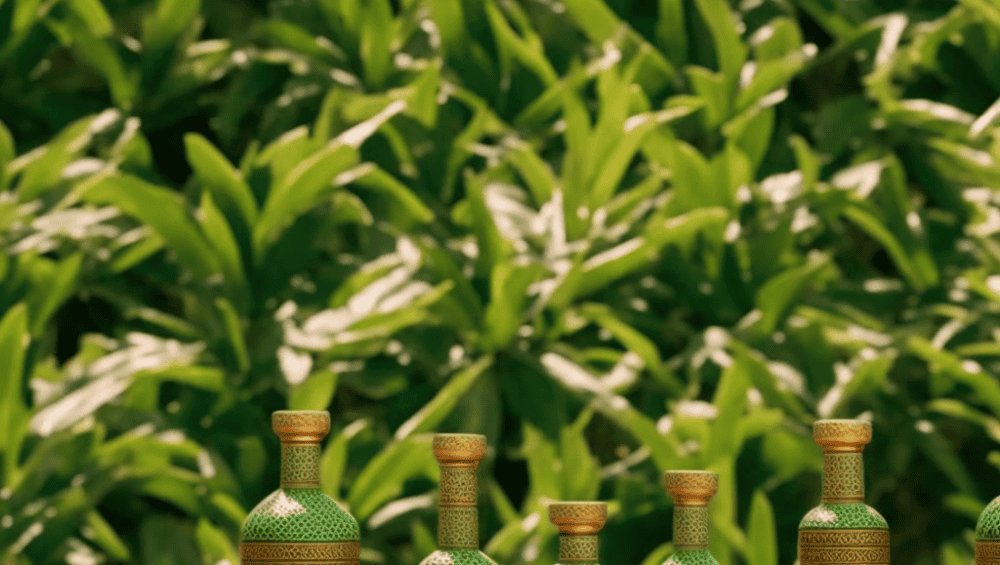 E featuring a split-screen comparison of argan and batana oil bottles, surrounded by lush greenery, with a subtle Moroccan-inspired pattern in the background, highlighting the natural essence of both oils