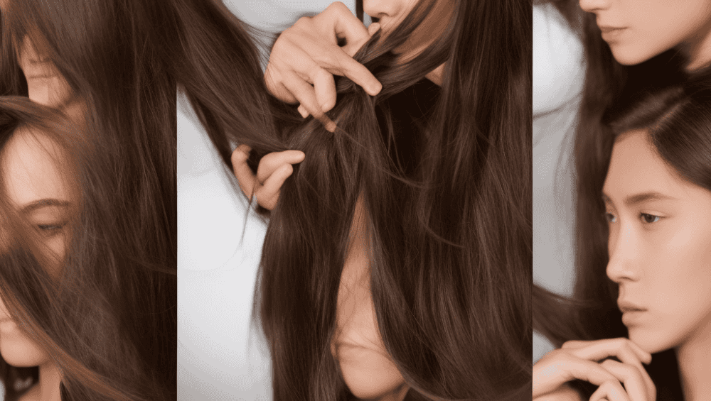 -screen image: on one side, a person with damaged, brittle hair, surrounded by broken hair ties and hair clippings; on the other side, a person with luscious, healthy hair, surrounded by hair repair oil bottles and a hair mask