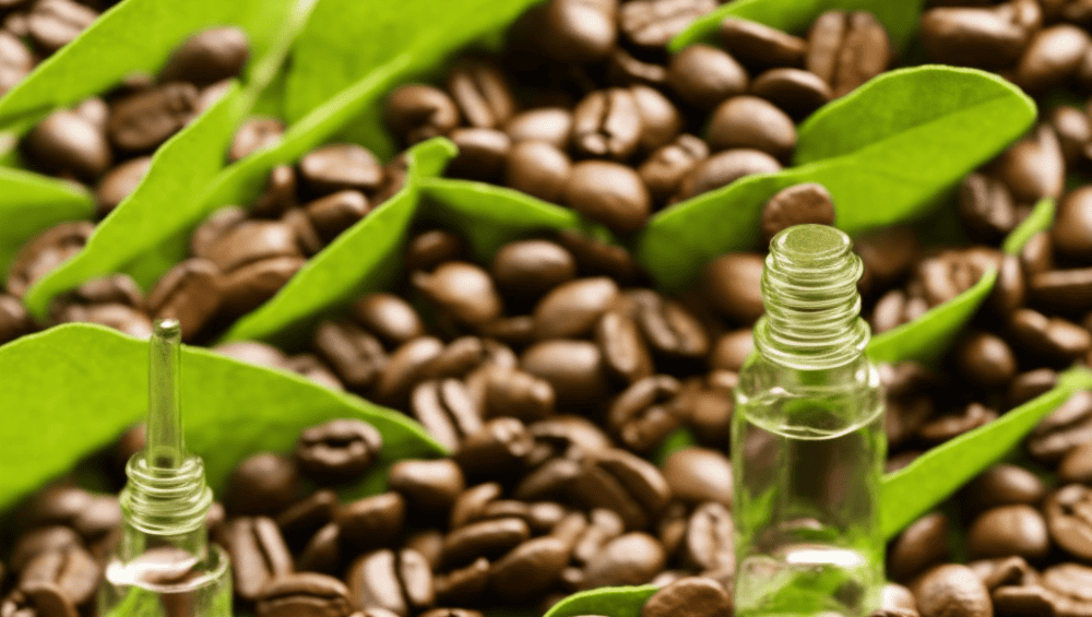 E, natural background with a large, lush green leaf in the center, surrounded by a few scattered coffee beans and a small, clear glass vial with a dropper, filled with a warm, golden oil