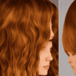 -screen image featuring a withered, brittle hair strand on the left, and a lush, vibrant hair strand on the right, with a subtle, golden-brown oil droplet suspended between them
