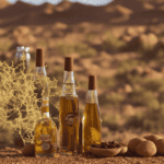 -screen image featuring a bottle of jojoba oil with a desert landscape in the background, alongside a bottle of argan oil with a Moroccan-inspired patterned background, surrounded by hair strands and botanical elements