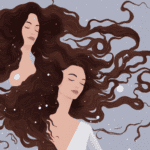 E, minimalist illustration featuring a beautiful, dark-haired woman gently massaging oil into her scalp, surrounded by delicate, swirling patterns of hair strands and subtle, shimmering oil droplets