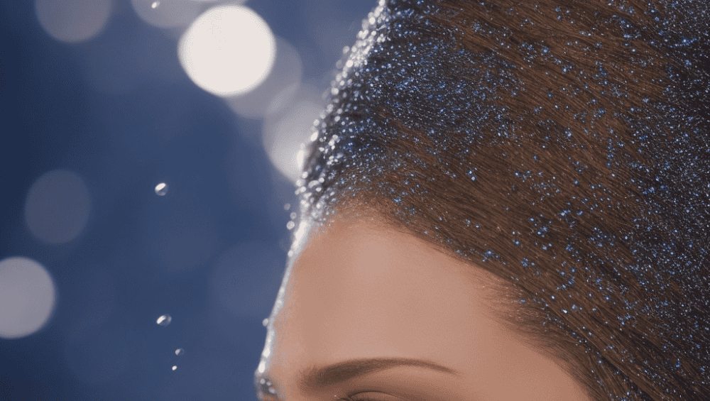 Stration of a person's face with a subtle glow, surrounded by tiny, glistening droplets of batana oil, with a few strands of hair highlighted to show nourishment, set against a dark blue background representing nighttime