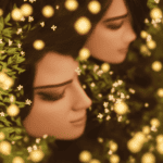 E, close-up illustration of a woman's scalp with lush, dark hair growing from it, surrounded by tiny, delicate flowers and leaves, with a subtle, warm, golden light shining through